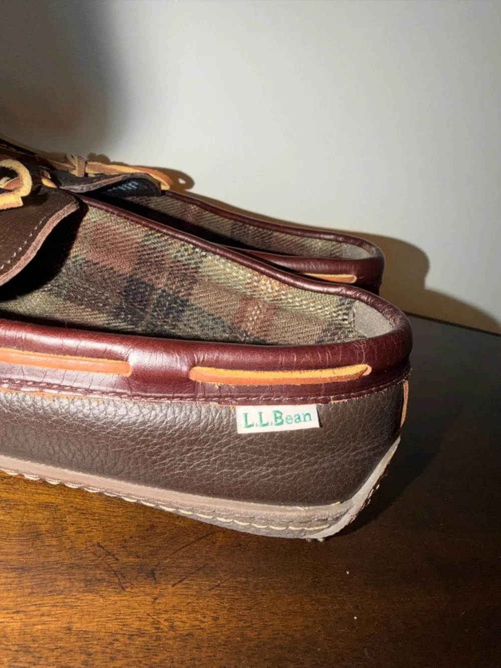 L.L. Bean Handsewn Flannel Lined Moccasin Slippers Men's Brown Leather - US 12